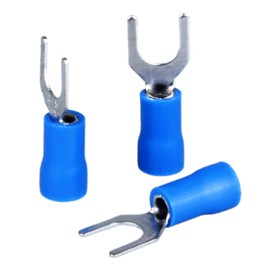 100Pcs 16-14 AWG Insulated Fork Spade Wire Connectors, SV2-5 U Type Electrical Crimp Terminals Kit for 1.5-2.5mm Cable USA Screw#10 (Blue)