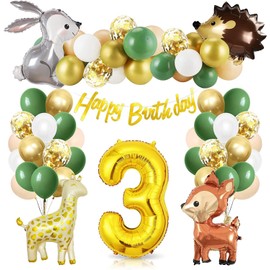 Yamibobo 3rd Birthday Decorations Jungle Animal Theme Set, Number 3 Happy Birthday Banner, Giraffe, Fox, Rabbit, Hedgehog Balloons, Dark Green, White, Pink, Gold, Confetti, Ribbon, Straw