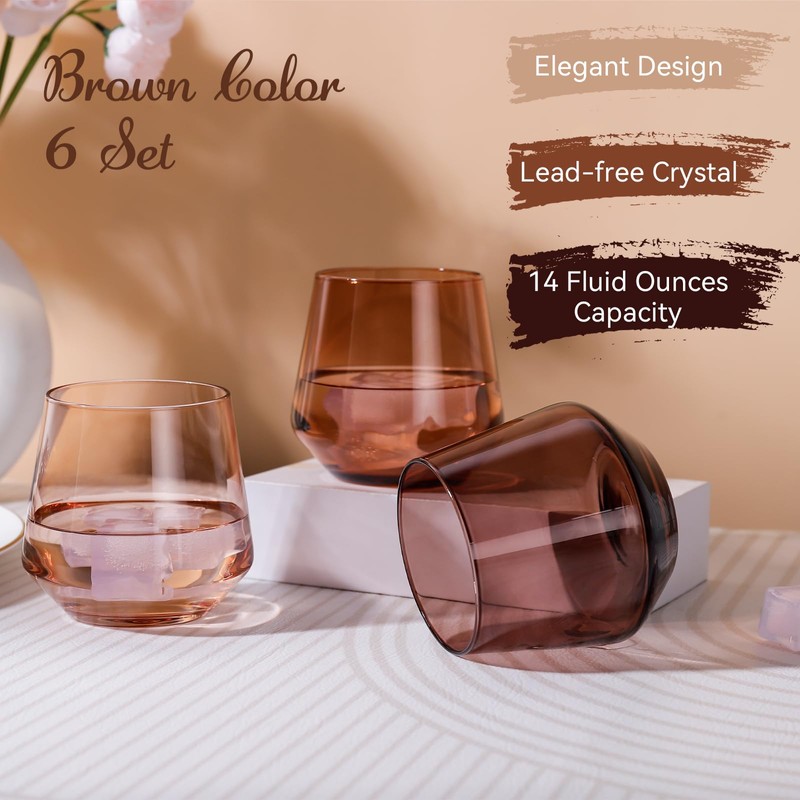 Colorsavant Venus Stemless Brown Wine Glasses Set 6-14oz, Melanin Colored,