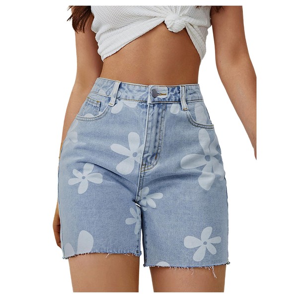 SOLY HUX Women's Floral Print Denim Shorts High Waisted Straight