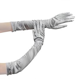 RUNHENG Women's Evening Party 17.75 inch Long Satin Finger Gloves (Silver)