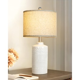 JUNNAI White Ceramic Table Lamp with Beige Shade: 3-Way Dimmable Night Stand Light Lamp 24.5" Modern Table Lamps for Living Room Bedroom End Table Office Entryway Lamps (Bulb Included