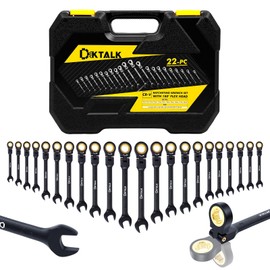 DikTalk 22-Piece Ratcheting Wrench Set with 180° Flex Head & Anti-Slip Design, Metric (6-18mm) and SAE (1/4-3/4") Combination Wrench Set, Professional Grade Chrome Vanadium Steel with Organizer Box