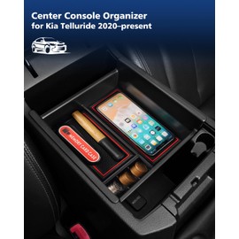 FIILINES Center Console Organizer for Kia Telluride 2020-2025, Armrest Storage Box ABS Console Insert Tray Container for Kia Telluride Accessories 2024 with Black and Red Mats