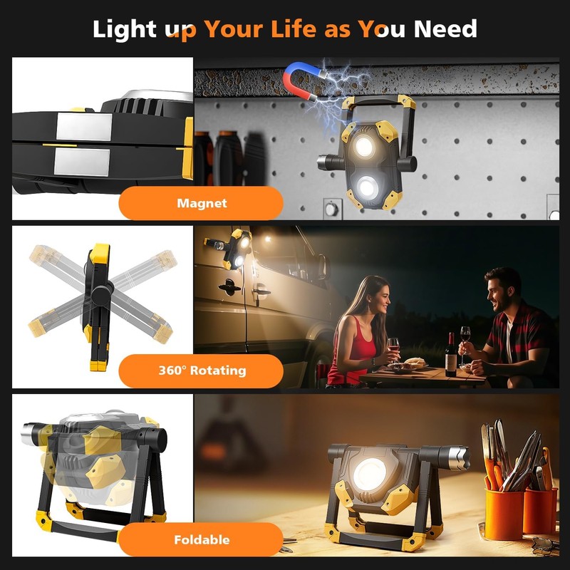 2 Pack 2500LM Magnetic Rechargeable Work Light, LED Work Light