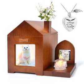Umberdom 3 in 1 Pet Ashes Box Set, Wooden Urn Box Ashes Casket Keepsake Memorial Gift with Picture Frame, Cremation Box for Dogs Cats Rabbit Small Pet (Heart Necklace)