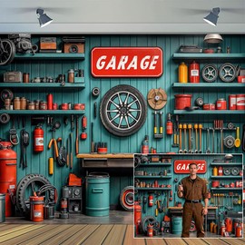 7 x 5 ft Garage Car Repair Backdrop Vintage Mechanic Tool Room Cabinet Background Automotive Parts Theme Kids Boys Birthday Party Decor Studio Photo Props