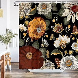 Voshin Vintage Boho Floral Shower Curtain Colorful Botanical Flower Tropical Leaves Fabric Shower Curtains for Bathroom Mid Century Morden Shower Curtain Set with Hooks, 69 X 78 Inches