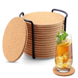 Posavasos de Corcho, 16 Piezas Portavasos Reutilizables Absorbentes de Corcho para Bebidas con Soporte de Metal, 4" Portavasos para Mesa para Bebidas para Cocina, Salón, Restaurante, Bar, Cafetería