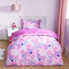 OHS Hearts Duvet Double, Microfibre Soft Valentines Day Quilt Covers Double Bed Set with Pillowcases Bedding Covers Luxury Super Soft Comfy, Pink Graphic