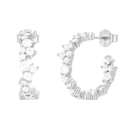 Brandlinger ® Earrings 925 silver. Asymmetric hoop earrings gold with white stones. Women's jewellery 18 carat (silver and gold) for women and girls., White Gold