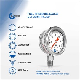 CARBO Instruments 1-1/2" Fuel Pressure Gauge, Stainless Steel Case 304, Chrome Plated Brass Connection, Glycerin Filled, 0-60 Psi, Accuracy 3-2-3%, Lower Mount 1/8" NPT
