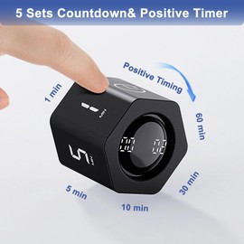 Foyucool Hexagon Digital Productivity Timer, Rotating Pomodoro Timer with 1-5-10-30-60 Min Countdown, Vibrate&Adjustable Volume Alert, Countup/Down Timer for Study Kitchen Desk, Black