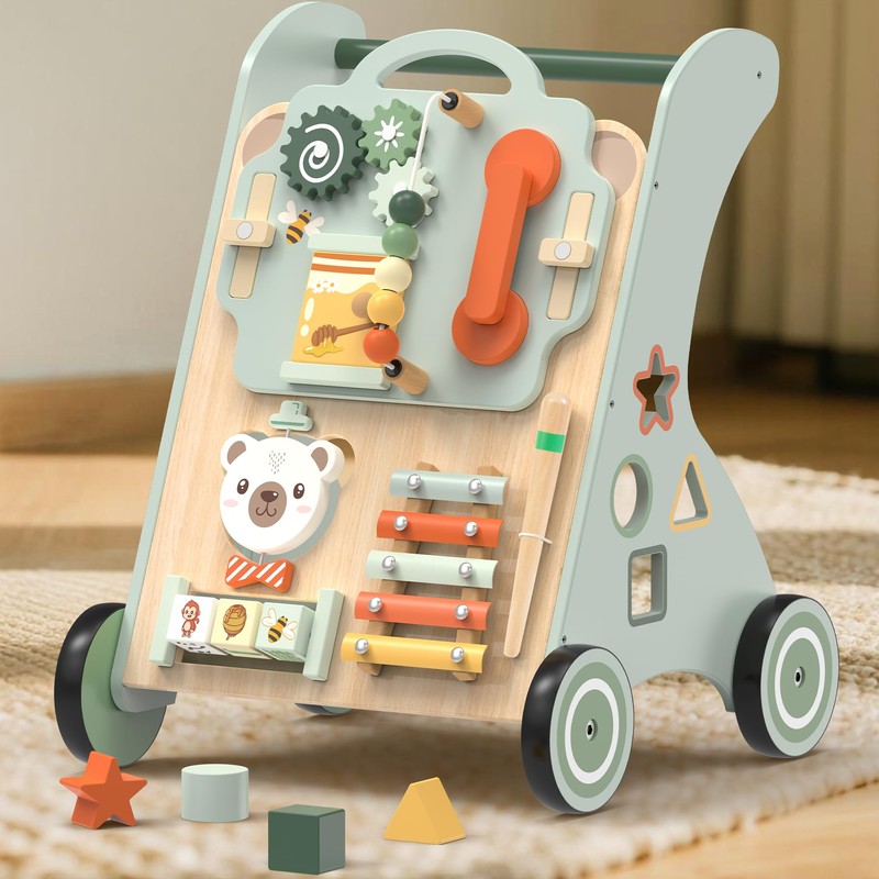 WOODMAM Wooden Baby Walker, Adjustable Speed Baby Push Walker for
