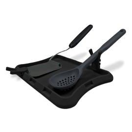 Blue Bosti Nottadrip Silicone Spoon Rest for Stove Top - Kitchen Spoon Rest for Countertop, Ladle Holder, All in 1 Serving Station, Elevate Handles, Drip to Tray, Mess Free - 3PC Set No Trivet - Black