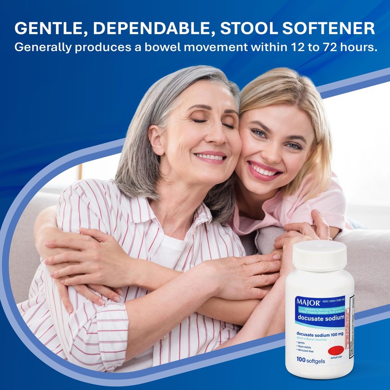 MAJOR Docusate Sodium 100mg Softgels, Stool Softener Laxative for Occasional
