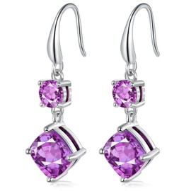 Rainbow CZ Dangle Earrings for Women|5mm Round & 8mm Cushion Created Amethyst Fishook Earrings |18K White Gold Plated Hypoallergenic Jewelry Gift