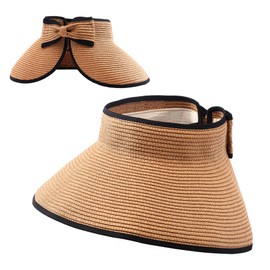 Manfnee Summer Visor Hat for Women Wide Brim Straw UV Protection Sun Hat Packable Tonytail Beach Hat for Travel, c1:khaki