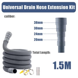 Universal Drain Hose Extension Kit,(Grey) with Connector Clip Clamp, Washing Machine Drain Hose for Washing Machine, Dishwasher & Other Applications (1.5m)