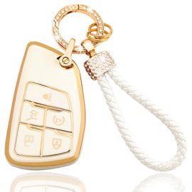 OLLEN Soft TPU Key Fob Cover, Fit for 2021 2022 2023 2024 2025 GMC Yukon Denali Sierra, for Chevy Silverado Suburban Tahoe Buick, Full Protection Remote Key Case with Bling Keychain, 5 Button, White