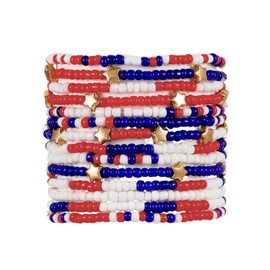 GIKILEE 4th of July Beaded Bracelets Independence Day Patriotic Stackable Bracelets Multilayer Red White Blue Star Bracelet-14pcs