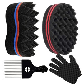 Zasvec Twist Sponge 2 Pieces Hair Brush Sponge Curl Sponge Double-Sided Magic Curl Sponge Hair Sponge with Metal Comb and Curler Gloves for Afro Coil Hair