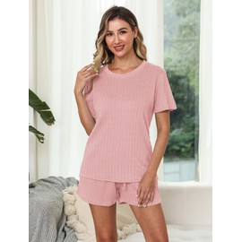 EISHOPEER Knit Matching Pajamas Sets Couple Drawstring Nightwear Short Sleeve Sleepwear 2 Pieces Loungewear with Shorts Pink Large