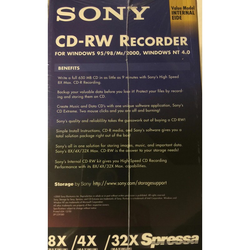 Sony CD-RW CRX140E Recorder EIDE 8x4x32 Internal Drive Windows 95/98/Me/2000