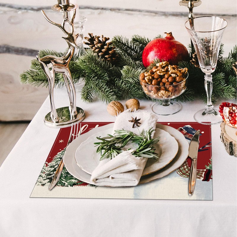 Christmas Placemats Set of 4, 12x18 Inch Red Snowman Let