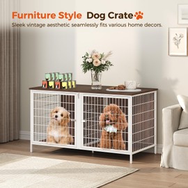 MAHANCRIS Dog Crate Furniture for 2 Dogs, 43.3" Dog Kennel with Removable Divider, Heavy Sturdy Dog Furniture Style Double Cage for Small Medium Dogs, Indoor Pet House End Table, White and Walnut