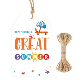 G2PLUS Summer Gift Tag, 50 PCS Summer Party Gift Tags, White Paper Gift Tags with String for End of School Year, Hawaiian Vacation Tropical Party Favors