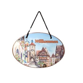 "Wilkommen" Ceramic 8.75x6 inches Front Door Sign or Wall Decor with Traditional Raised Relief German Village Artwork, European Home Decoration | by Oktoberfest Haus