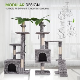 JISSBON Multi-Level Cat Tree, Activity Centre Cat Tower Furniture with Sisal-Covered Scratching Posts, Dual Padded Plush Perches, Dual Condo & Basket, Removable Hammock, for Kittens (Grayish)