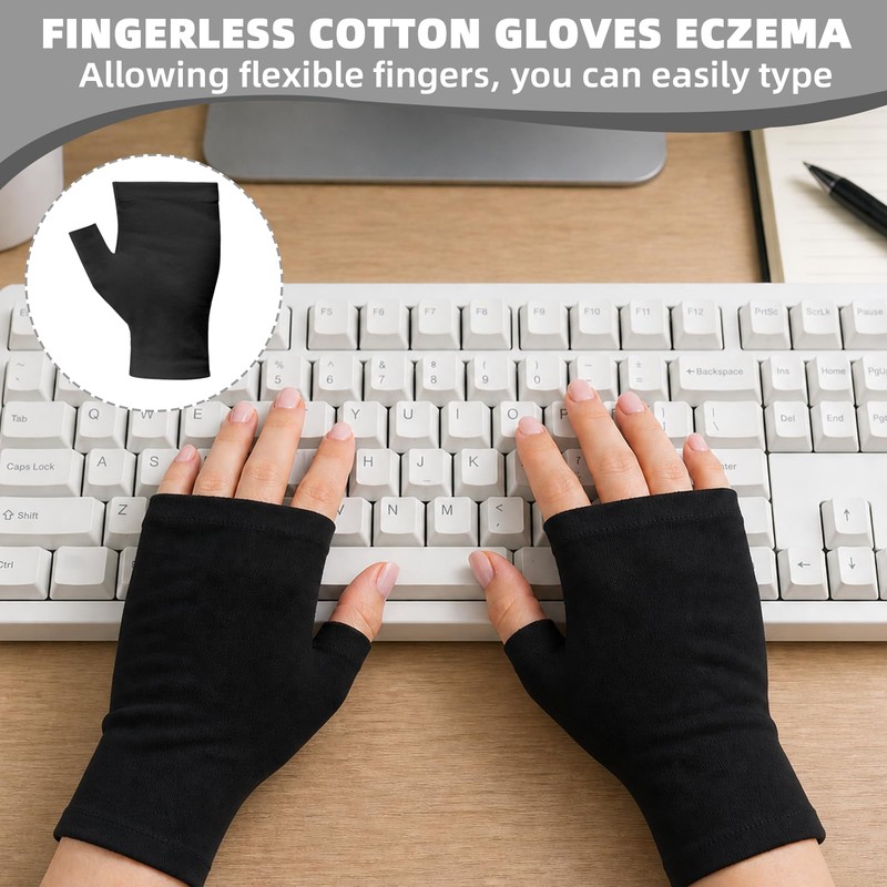 6Pcs Black Cotton Fingerless Gloves, Reusable Eczema Gloves, Moisturizing Gloves