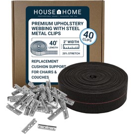 House2Home 2" x 40' Upholstery Webbing Roll with Metal Clips, Elastic Furniture Support Strap for Sofa Chair Cushion Repair, Couch Cushion Support Replacement for Outdoor Furniture Frame Restoration