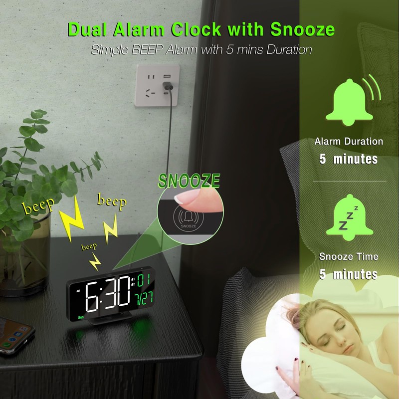 KOSUMOSU Digital Clock for Bedroom, 6.7in Black Alarm Clocks for