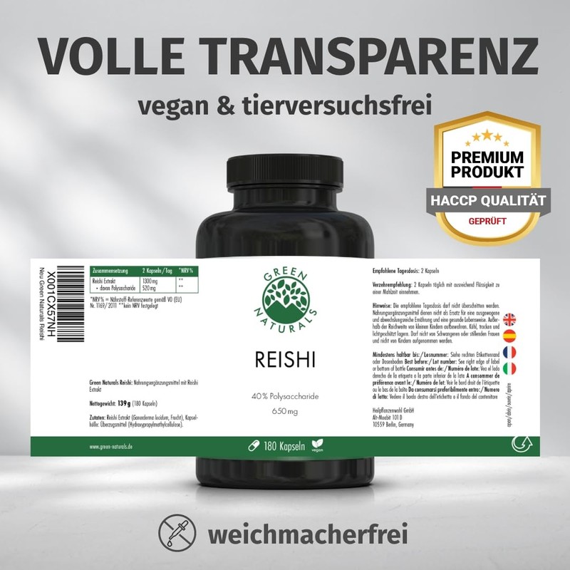 GREEN NATURALS Reishi Extract 40 (180 Capsules of 650 mg)