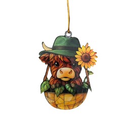 Bonito adorno acrílico de vaca de las tierras altas, decoración colgante de animales de granja con girasol, regalo rústico para amigos, familia o decoración de día festivo