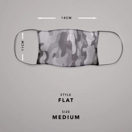 Triple Layer Flat Face Masks - Washable and Reusable Cloth Covering - Soft Cotton Inner Comfort - Grey Camouflage - Medium Size