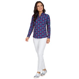 IBKUL Athleisure Wear Sun Protective UPF 50+ Icefil Cooling Tech Vic Print Long Sleeve Mock Neck Top – 10546 Navy/Red Vic M