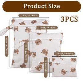 3 Pcs Bear Pattern Nappy Bags, Waterproof Wet Bag Organiser for Swimming, Travel Storage, Nappy Pouch for Baby Items, Gym Gear and Fitness Accessories
