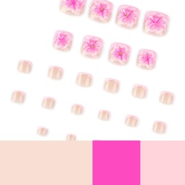 Pink French Tip Press on Toenails Short Square False Toe Nails 3D Pink Flower Pattern Fake Toenails Glue on Nails Acrylic Full Cover Summer Toe Press on Nails for Women DIY Manicure Decorations 24PCS
