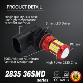 Alla Lighting H10 9145 LED Fog Lights Bulbs 2835 36-SMD 3000lm Extreme Super Bright 9140, 6000K Cool White