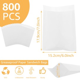 LOPYXBR 800 PCS White Sandwich Paper Bags Greaseproof Wax Paper Bags 6x7 Paper Snack Bags Recyclable Small Glassine Bags White Bakery Bags, Food Packaging for Bakery, Donuts, Cookies, Candy, Snacks