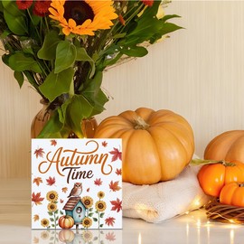 Rustic Tis' the Season Pumpkin Wood Box Sign, Farmhouse Retro Fall Artwork Decor, Autumn Harvest Thanksgiving Wooden Desk Block Signs Home Shelf Office Decoration 5 x 5 Inches