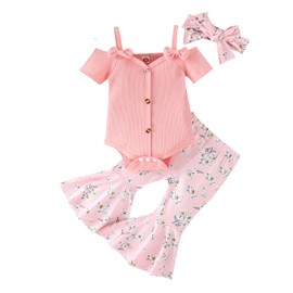 Western Baby Girl Clothes Cow Print Bell Bottoms Outfits Short Sleeve Cold Shoulder Rib Romper Flare Pants Set (Pink Floral, 6-12 Months)