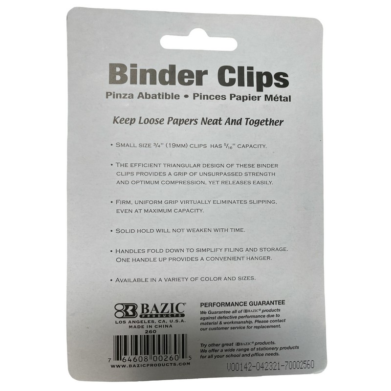 Bazic 260 Binder Clips Quality Versatile Binder 20pc Small ¾”