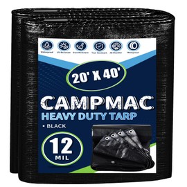 CAMPMAC Black Tarps Heavy Duty Waterproof 20x40, 12 Mil Thick, High Durability, Rip and Tear Resistant with Metal Grommets Every 20 Inches