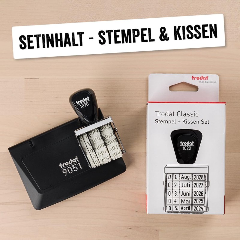 Trodat 1020 + 9051 Classic Date Stamp Set, German, Ink