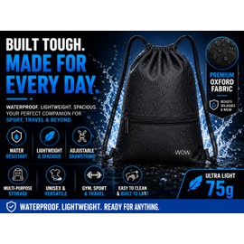 wowtravel Gym Bag Water Resistant Drawstring Backpack with Zipper Pocket, Lightweight Sports Sack for School, Swimming, Gym, Beach, Holiday Travel, Kids & Adults – Black